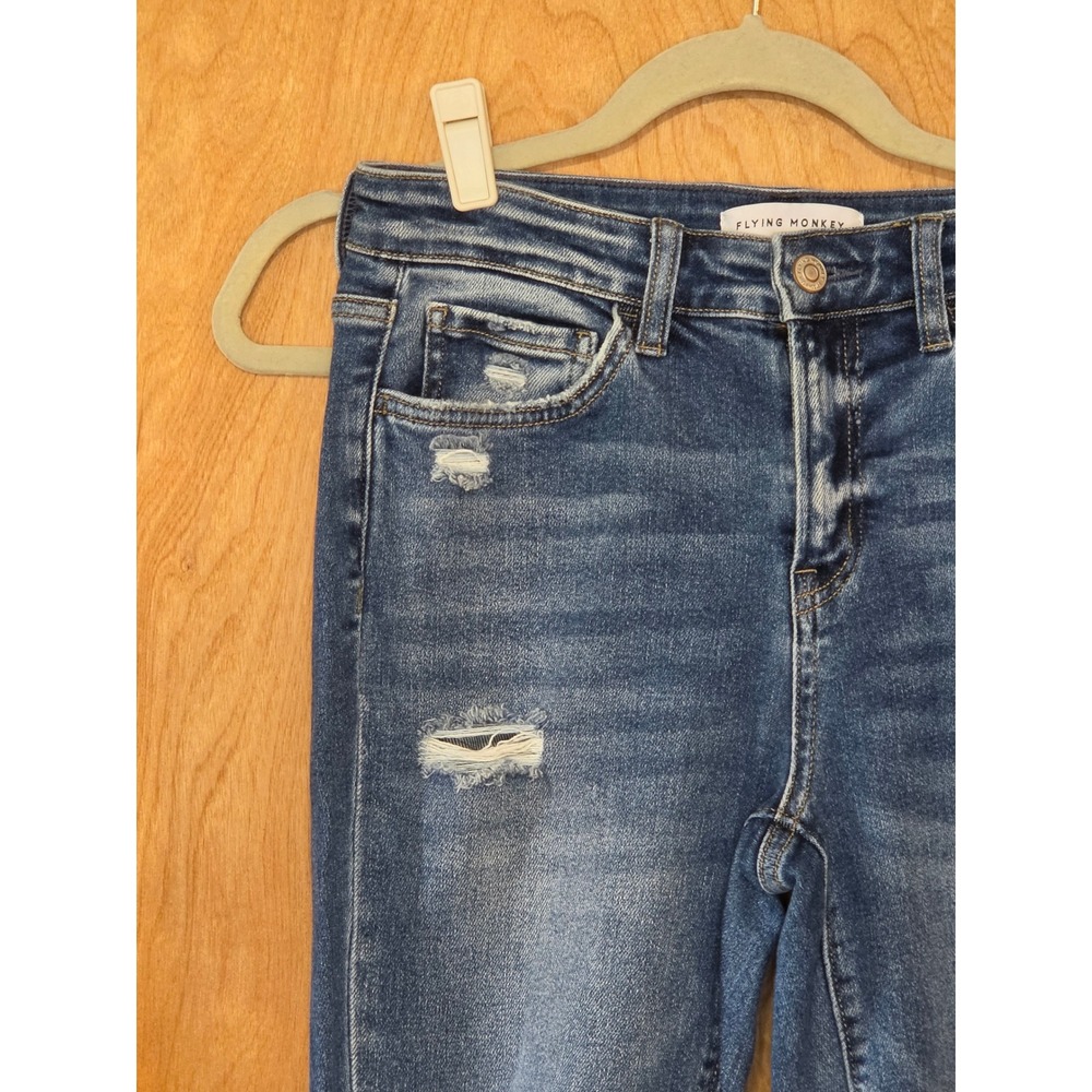 Flying Monkey Distressed Skinny Jeans Medium Wash Edgy Raw Hem F4395 Size 27 - Picture 2 of 6